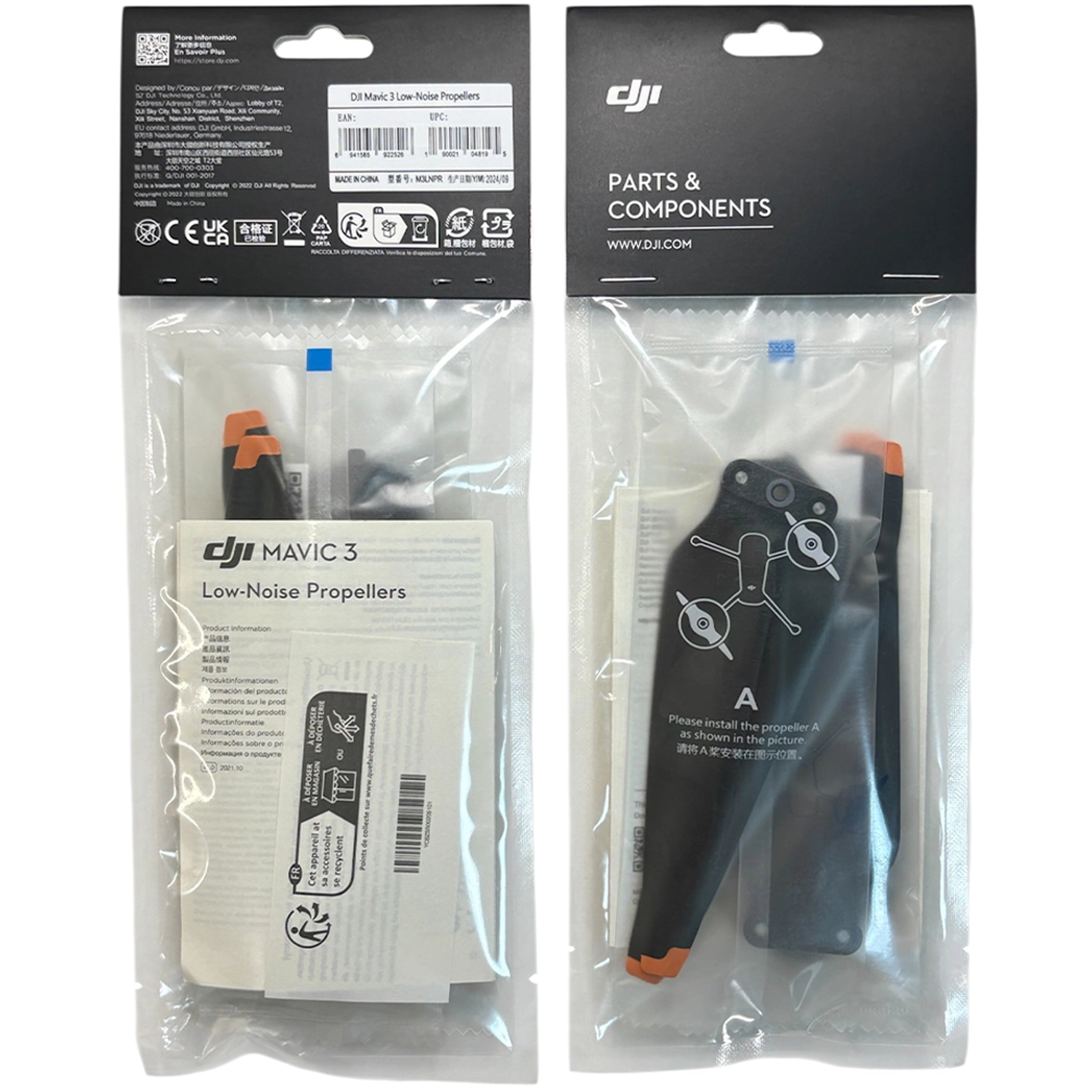 DJI 9453F Low-Noise Propellers (4-pack) for Mavic 3 drones. ~2dB quieter, +2 min flight time. Durable nylon (30% fiberglass) and quick-release design.